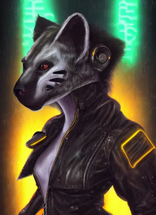 Image similar to digital painting of anthromorphic hyena female, fursona, furry fandom, neon rainy cyberpunk setting, anthro, wearing cyberpunk leather jacket, detailed face,