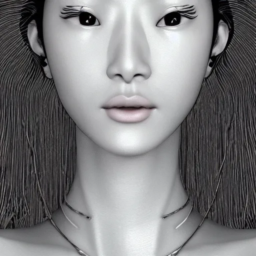 Prompt: closeup portrait of an absurdly beautiful, graceful sophisticated, fashionable cyberpunk mechanoid gravure idol, young asian woman, rich queen, ruler of the world, shoulder length hair, sci fi jewelry, an ultrafine hyperdetailed illustration by irakli nadar, matt wisniewski style, intricate linework, porcelain skin, unreal engine 5 highly rendered, radiant light