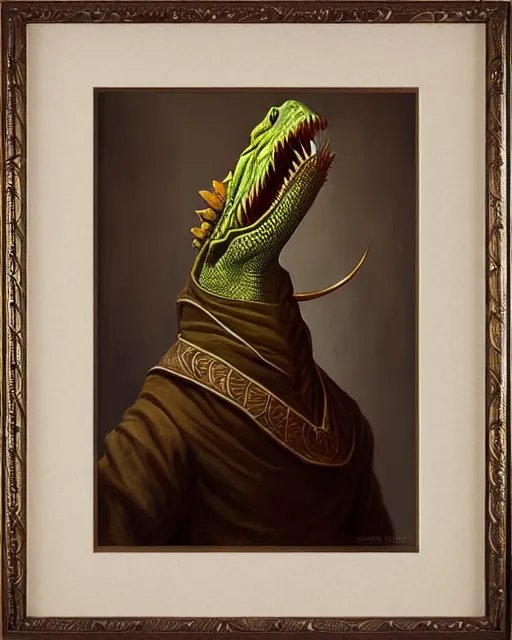 Image similar to handsome lizardman, peasant garb. noble bearing. a carved living sculpture ornate symmetry matte portrait, artgerm, rhads watercolor, serenity