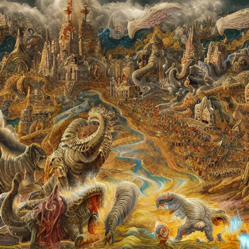 Prompt: intricate scenery of a delirium of creatures and feminine demons and gods and angels running with dragons elephants centipede and birds into the explosion of god in the act of creating the biggest city landscape ever created in the burning sun of anthropocene, flemish painting, highly detailed, intricate, ornate, digital art