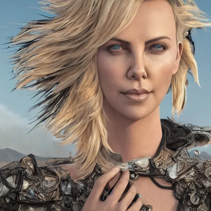 Image similar to Charlize Theron. intricate artwork. in black rock desert, ((at burning man)). octane render, trending on artstation, very coherent symmetrical artwork. cinematic, hyper realism, high detail, octane render, 8k, iridescent accents