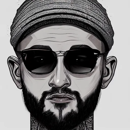 Prompt: portrait of a young, bald, bearded, and tattooed man, wearing glasses and a backwards hat, digital painting, highly detailed, intricate, trending on artstation, deviantart, behance