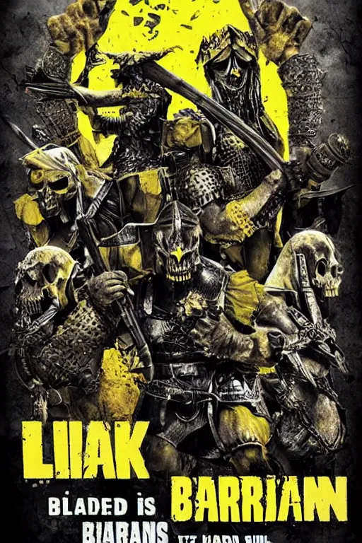 Image similar to armored barbarians, loaded with weapons and animal skulls, horror sci - fi black and yellow poster