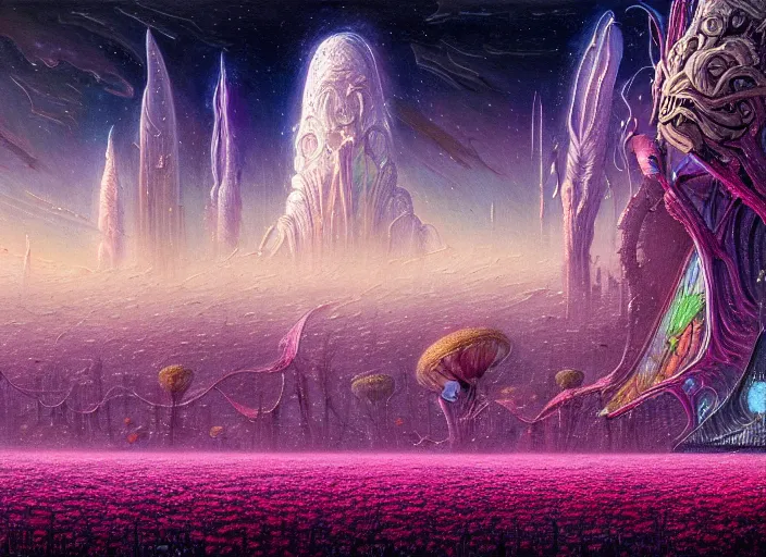 Image similar to a beautiful painting of a large alien city shrouded by mystic nebula magic in a field of flowers by moebius and android jones, oil on canvas sharp, details, hyper - detailed, hd, hdr, 4 k, 8 k