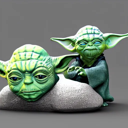 Image similar to 3 d render, yoda kissing the rock