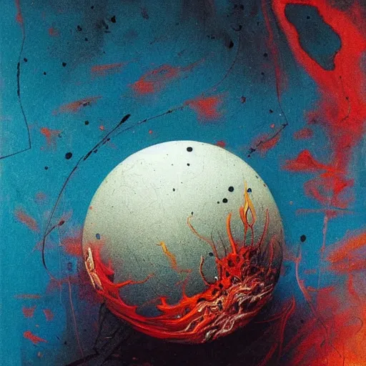 Image similar to a sphere being covered by extremely detailed splatters of abstract paint, engulfed in flames in the style of, pascal blanche, surreal, beksinski, high detailed