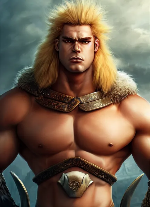 Prompt: barbarian, jackson wang, fierce, big muscles, large muscular chest, fur leather armor!!! handsome golden hair male!! character concept art, sharp focus, octane render! unreal engine 5! highly rendered!! trending on artstation!! detailed linework!! illustration by artgerm, wlop, and chie yoshii