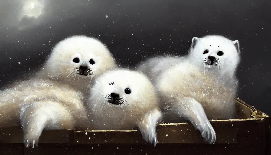 Image similar to highly detailed painting of cute furry white baby seals cuddled up in a cardboard box in a snowy cloudy sky castle by william turner, by greg rutkowski, by william constable, by greg tocchini, thick brush strokes and visible paint layers, 4 k resolution, retrowave colour scheme