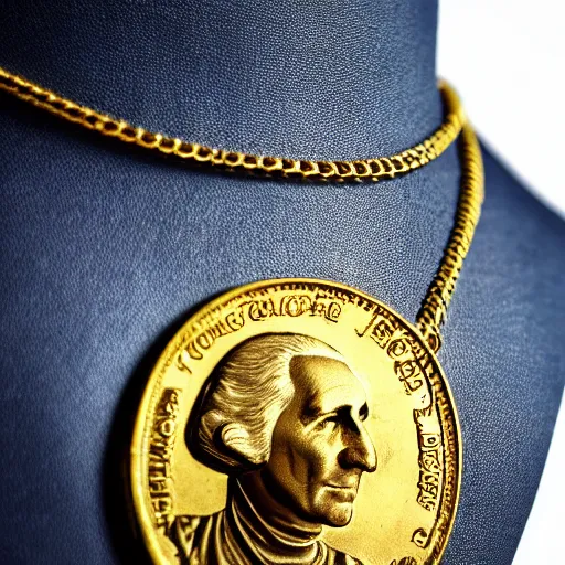 Image similar to a closeup photorealistic illustration of a happy George Washington holding wearing a chain around his neck with a small gold Doubloon coin as a necklace. This 4K HD image is Trending on Artstation, featured on Behance, well-rendered, extra crisp, features intricate detail and the style of Unreal Engine.