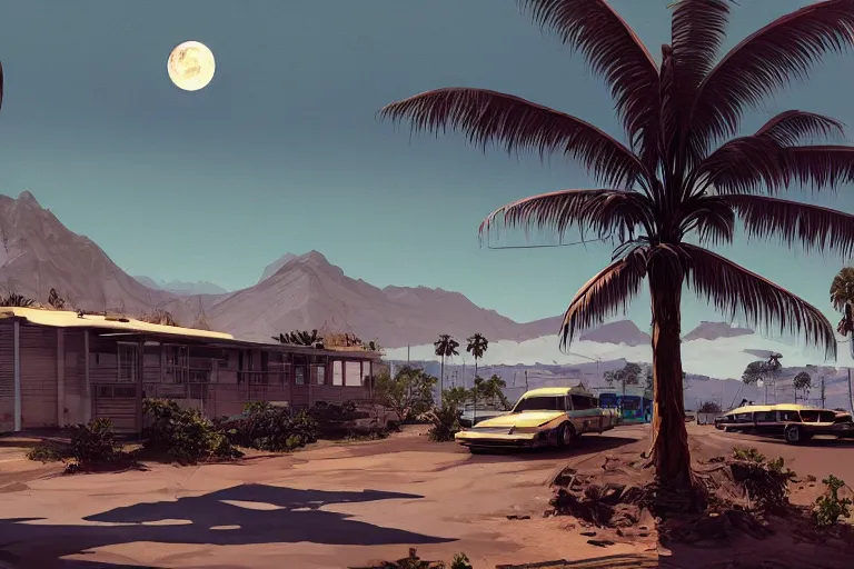 Image similar to broken robot | abandoned motel | palm trees | snowy mountains | moon in sky, painting by syd mead and weta studio and moebius and james jean and frank frazetta, gta san - andreas game screenshot, highly detailed, rule of third, soft lighting, architectural magazine, insanely intricate details, artstation trending, hypermaximalistic, high details, cinematic