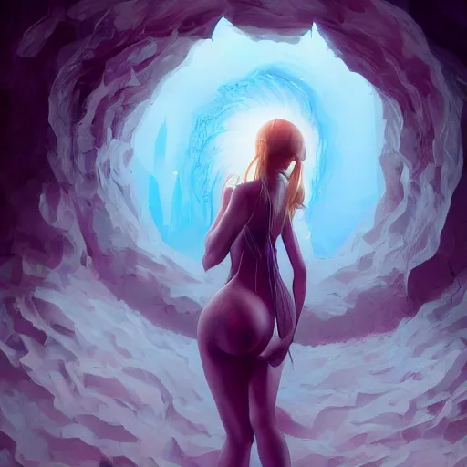 Image similar to Art station concept of a beautiful girls body in a dark cave, compulsion, Hypnosis, hypnotising, hypnotic eyes, light blue eyes, spiral eyes, symmetrical face, by Stanley Artgerm Lau, WLOP, Rossdraws, James Jean, Andrei Riabovitchev, Marc Simonetti, and Sakimichan, trending on artstation