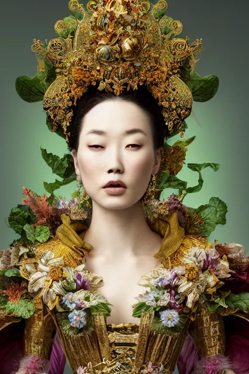 Image similar to a beautiful empress portrait, with a brilliant, impossible striking big salad headpiece, clothes entirely made out of salad, everything salad, symmetrical, dramatic studio lighting, rococo, baroque, greens, asian, hyperrealism, closeup, D&D, fantasy, intricate, elegant, highly detailed, digital painting, artstation, octane render, 8k, concept art, matte, sharp focus, illustration, art by Artgerm and Greg Rutkowski and Alphonse Mucha