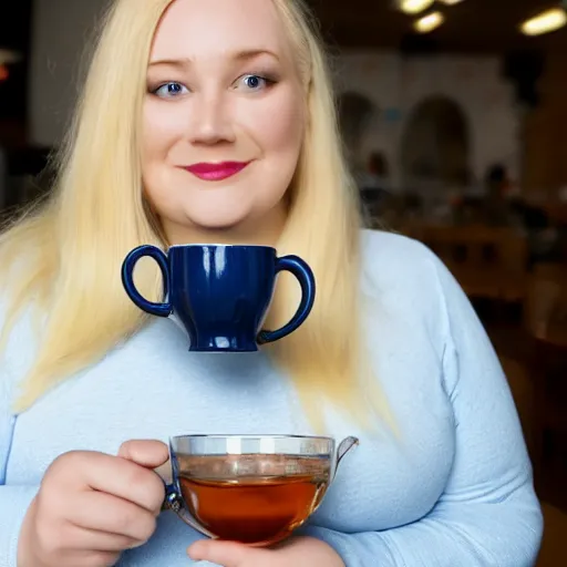 Prompt: overweight British woman with blue eyes and blonde hair sipping yorkshire tea