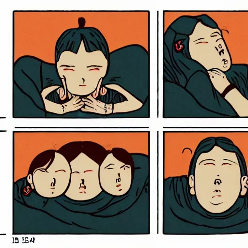 Image similar to illustration of to pout, sullen, showing irritation or ill humor by a gloomy silence or reserve. in colors # 1 1 3 4 a 6, # 7 3 c 2 fb, # 6 6 9 3 fs, # 9 8 fb 9 8, # 0 1 7 9 6 f, by studio multi and victo ngai, malika favre