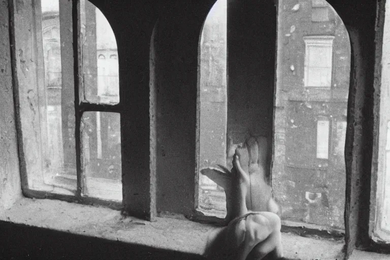 Image similar to photo of a city through the dirty window, photo by Francesca Woodman,