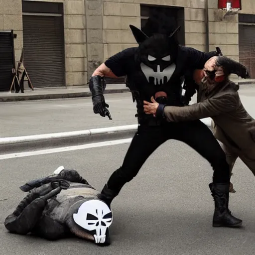 Prompt: a wolf attacking a man wearing punisher mask