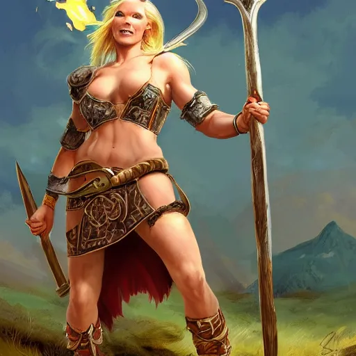 Prompt: a detailed picture of a beautiful and tough looking blonde viking woman, carrying a large axe above her head, elegant, smiling playfully, burning village in the background, night time raid, 8 k, artstation, fine detail, art by frank frazetta