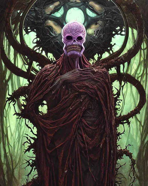 Image similar to the platonic ideal of flowers, rotting, moss, insects and praying of cletus kasady ultimate carnage thanos dementor chtulu nazgul davinci, detailed, intricate, hyperrealism, intense, scary, decay, dmt, art by brock hofer and artgerm and greg rutkowski and alphonse mucha