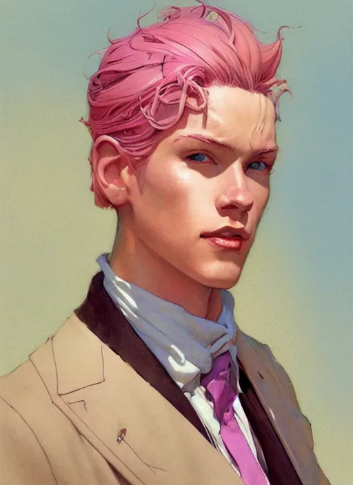 Image similar to androgynous cute pink haired male, muted colors, colorful flowers, sunlight filtering through skin, j. c leyendecker, by alan lee, wlop! illustrated by starember, fantasy art by craig mullins cfg _ scale 9