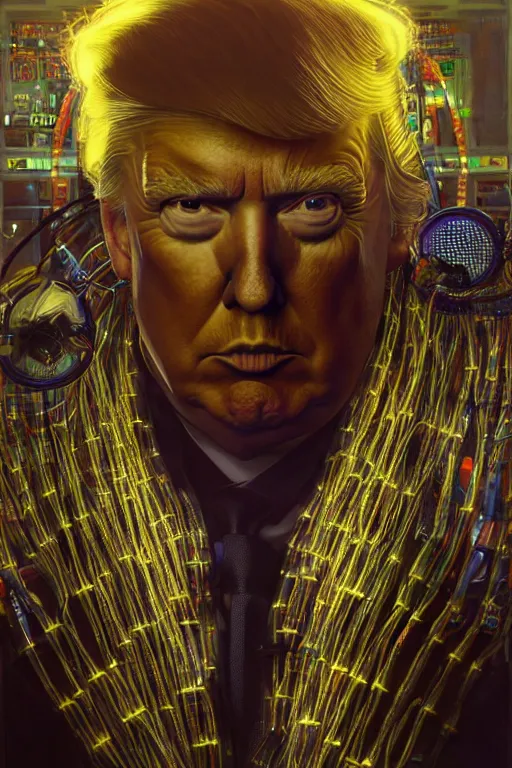 Prompt: hyperrealist cyberpunk portrait of donald j trump, it is decorated with long computer wires and computer monitors in the cyberpunk office background. by jeremy mann and alphonse mucha, fantasy art, photo realistic, dynamic lighting, artstation, poster, volumetric lighting, very detailed faces, 4 k, award winning