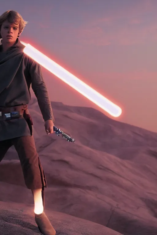 Image similar to young luke skywalker wielding a lightsabre in a heroic pose against a tattooine sunset, close up, dramatic lighting, octane render