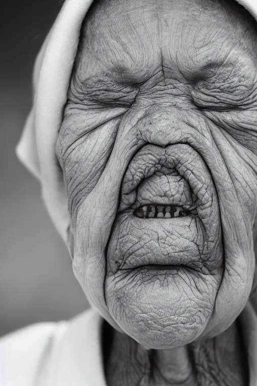 Prompt: Realistic high resolution black and white photography with 80 mm f/12 lens of old women with their eyes closed, emitting SPECTRAL PSYCHOFLUID from their mouths