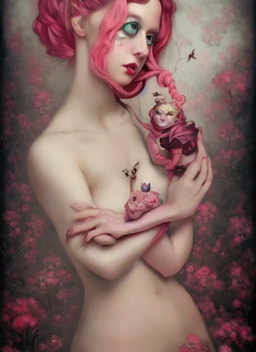Image similar to pop surrealism, lowbrow art, realistic seductive woman painting, pink body harness, hyper realism, muted colours, rococo, natalie shau, loreta lux, tom bagshaw, mark ryden, trevor brown style,