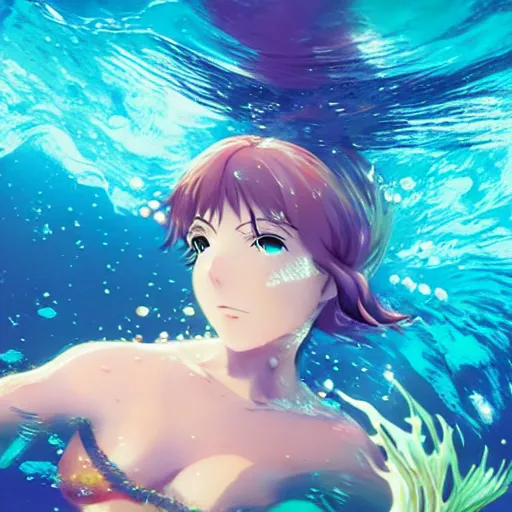 Prompt: underwater photography of a mermaid, anime key visual