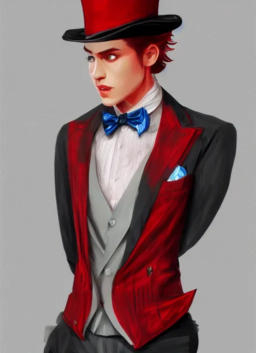 Image similar to a highly detailed illustration of stylish top hat wearing red haired attractive man, wearing suit vest, cool flashy posing, intricate, elegant, highly detailed, centered, digital painting, artstation, concept art, smooth, sharp focus, league of legends concept art, WLOP