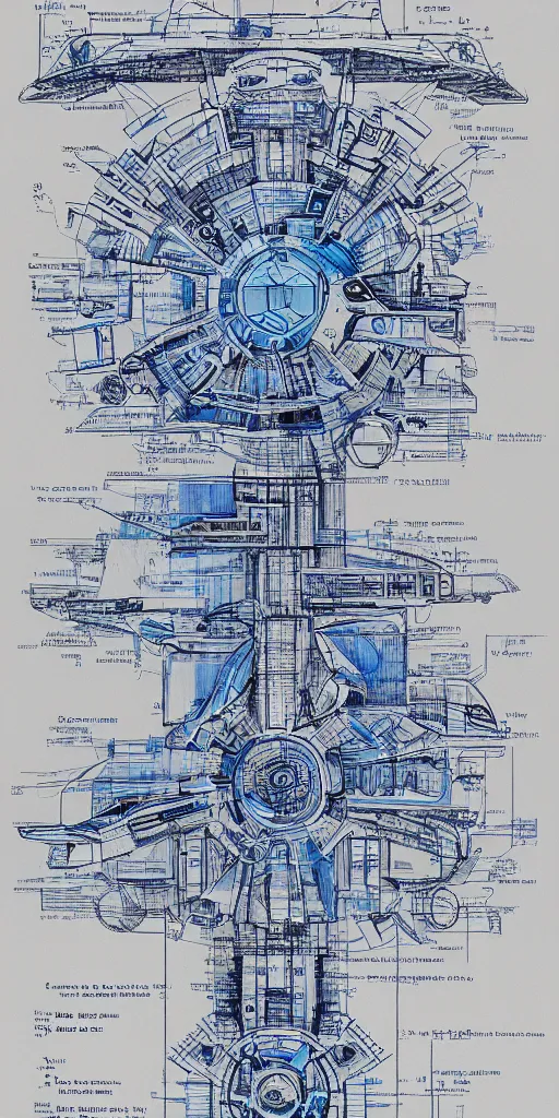 Prompt: blueprint of a spaceship, technical draw, concept art, extreme detail, 3 5 mm, colorful