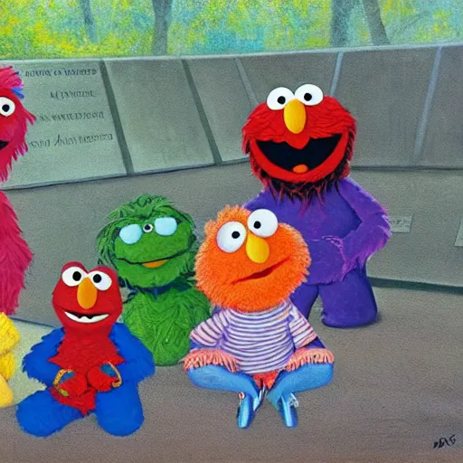 Prompt: Sesame Street characters at the Vietnam War Memorial, realistic, oil painting, by Russell Drysdale