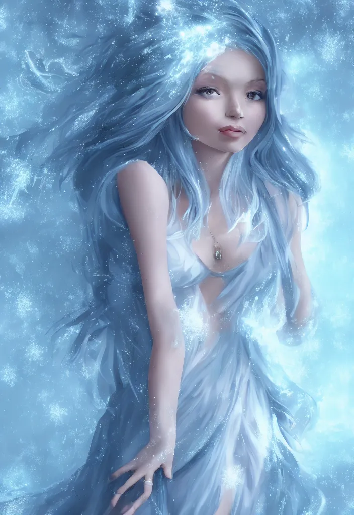 Image similar to full body portrait of a stunningly pretty woman with pale blue hair wearing a dress made out of snowflake in the middle of a snowstorm. award - winning digital art, trending on artstation