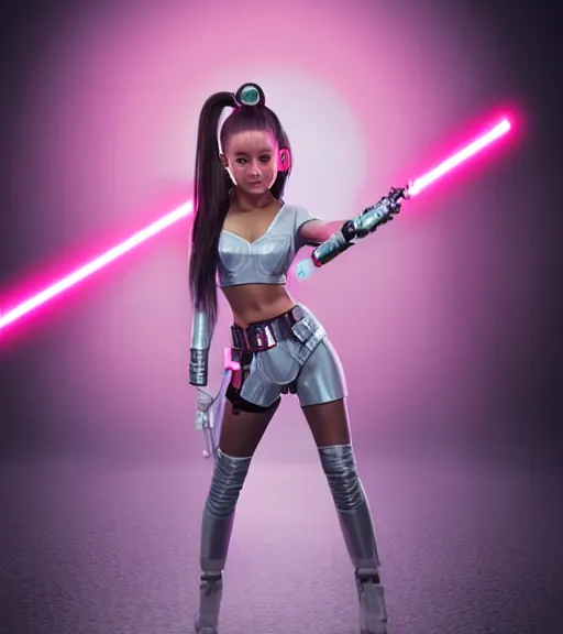 Image similar to A hyper realistic photo of Ariana Grande in the Star Wars universe with two pink lightsabers held in each hand. Maximum detail on artstation, photo realism, vivd details, vivd colour, volumetric lighting