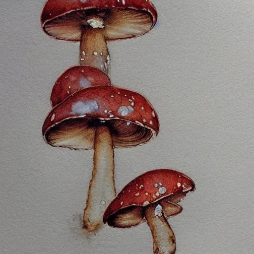 Prompt: jean - baptiste monge water color on white paper watercolor sketch of mushrooms hard edges, pencil lines, drips, runs, spatter, details. red chrome. jean - baptiste monge!!!!!