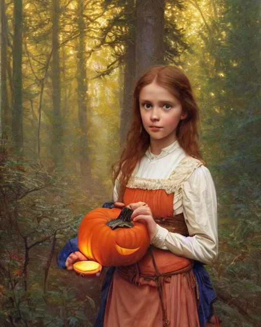 Prompt: a realistic candlelit portrait painting of a thoughtful girl resembling a young, shy, redheaded alicia vikander or millie bobby brown wearing peasant dress carrying a jack - o - lantern in a fall forest at night, highly detailed, intricate, concept art, artstation, by donato giancola, alphonse mucha, and william bouguereau