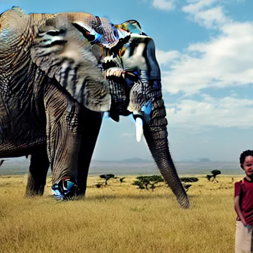 Image similar to a highly detailed panoramic photo by annie leibowitz of the serengeti. in the background a small boy next to an elephant with an extremely long trunk. 8 k, super resolution