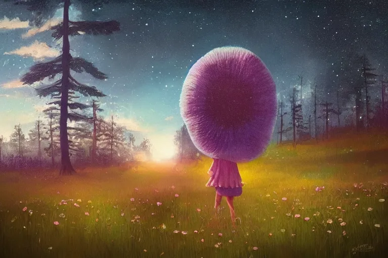 Prompt: giant daisy flower as a head, girl walking in forest, surreal photography, dark night, stars, moon light, impressionist painting, clouds, digital painting, artstation, simon stalenhag