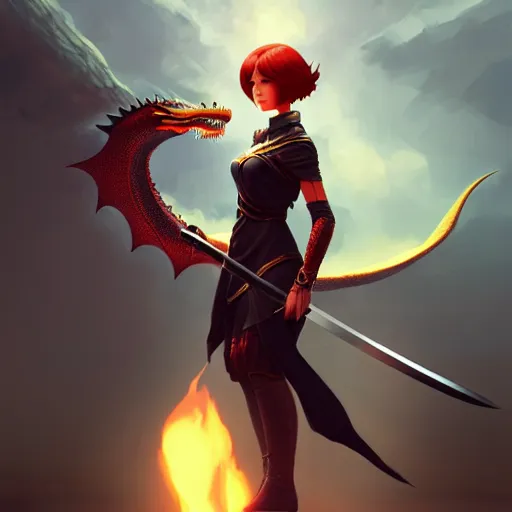 Image similar to a woman holding a sword with a dragon on it, concept art by Ilya Kuvshinov, contest winner, fantasy art, official art, concept art, high detail, experimental, high quality, 4k