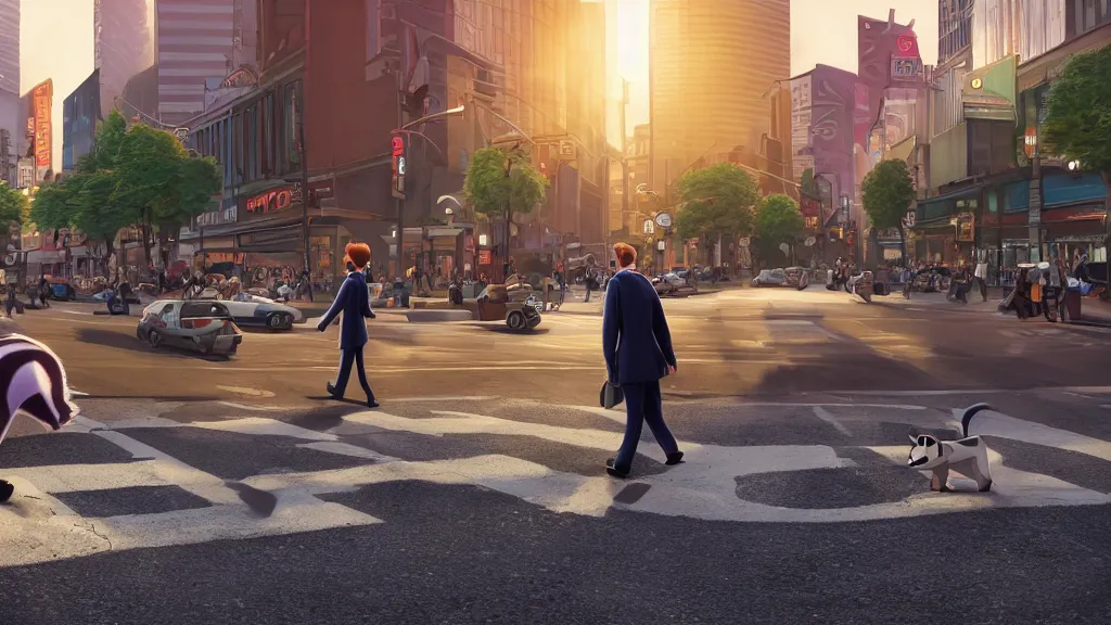 Prompt: An anthropomorphic raccoon businessman walking down a busy crosswalk at sunset, warm lighting, zootopia, other anthro characters are walking by him, extremely detailed, HDR