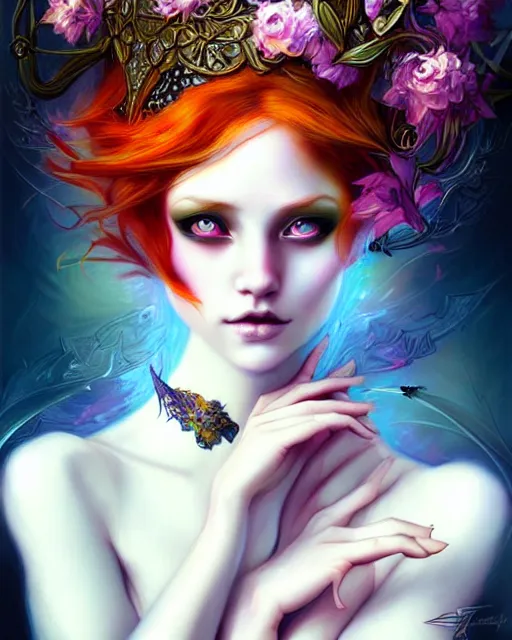 Prompt: Beautiful, evil and playful ethereal ginger portrait, art nouveau, fantasy, intricate flower designs, elegant, highly detailed, sharp focus, art by Artgerm and Yossi Kotler, Carne griffith and WLOP