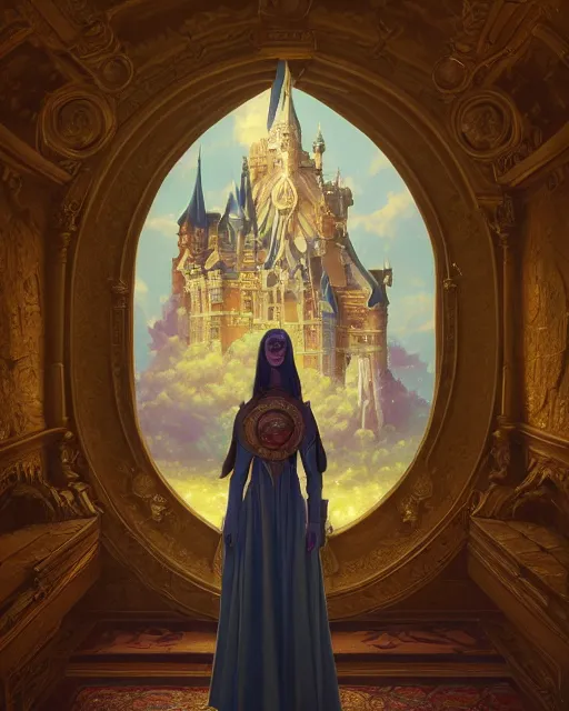 Image similar to highly detailed surreal vfx portrait of a blessed shield in a majestic castle by golden tree, stephen bliss, unreal engine, greg rutkowski, loish, rhads, beeple, makoto shinkai and lois van baarle, ilya kuvshinov, rossdraws, tom bagshaw, alphonse mucha, global illumination, detailed and intricate environment