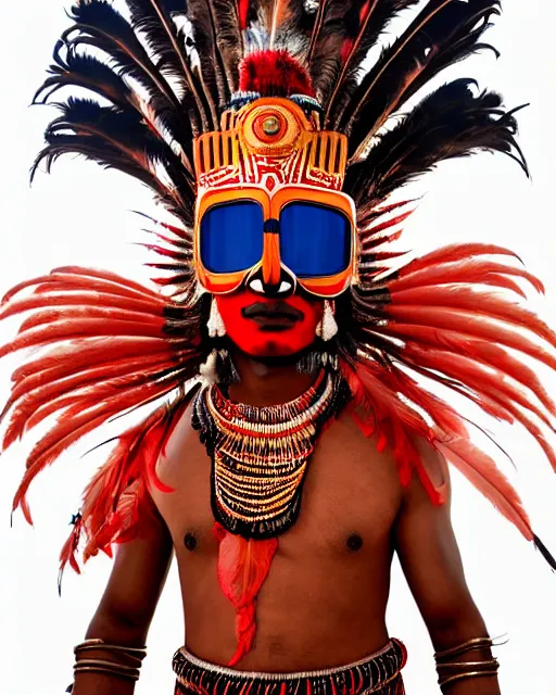Image similar to photo of a Dramatic Theyyam male dancer with red indian headgear painted face wearing futuristic goggles and futuristic robot suit with traditional theyyam costume in the style of stefan kostic, full body, feather native american headgear, realistic, sharp focus, symmetric, 8k high definition, insanely detailed, intricate, elegant, art by stanley lau and artgerm, Hajime Sorayama, William-Adolphe Bouguereau