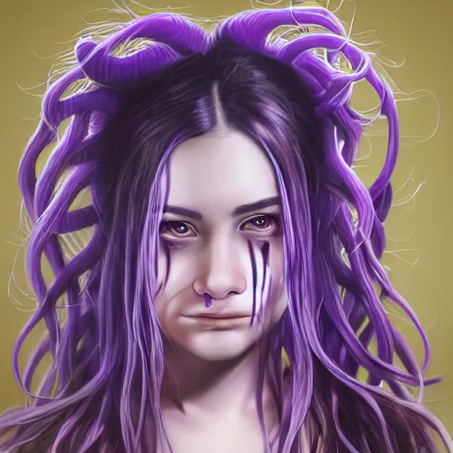 Image similar to detailed photo portrait of a furious teen girl with thin, hair-like purple tentacles on her head and bright purple eyes, 8k, trending on DeviantArt, face enhance,hyper detailed ,full of colour, dramatic lightning