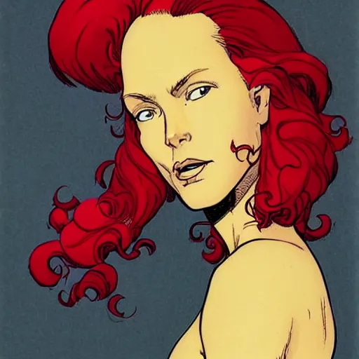 Image similar to portrait of jean grey, a beautiful woman in her 3 0 s, with red hair and green eyes, detailed face, beautiful face, delicate features, smooth, sharp focus, graphic novel, art by ralph bakshi, dave sim, frank quitely, moebius, jeff smith,