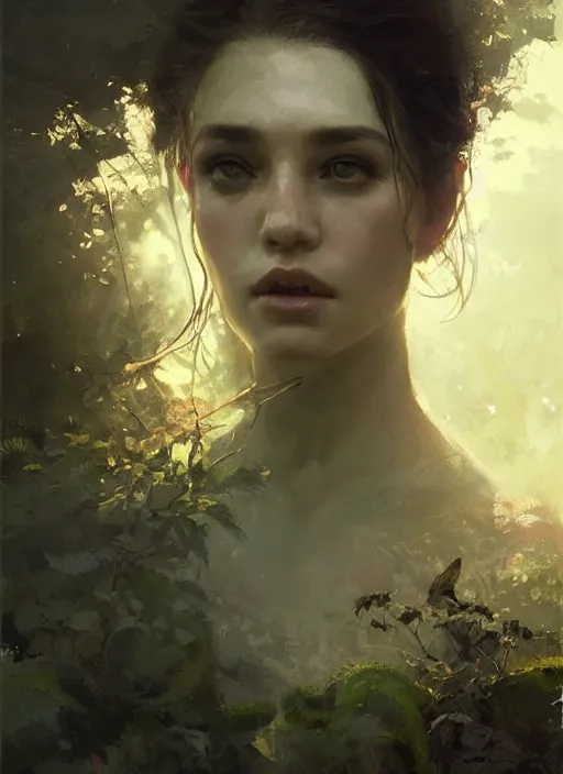 Image similar to female seductive queen of nature girl, beautiful face, rule of thirds, intricate outfit, backlit, by greg rutkowski, by jeremy mann, digital painting