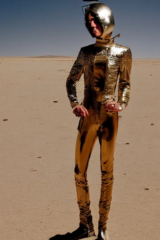 Image similar to portrait davis taylor brown dressed in 1 9 8 1 space fantasy fashion, avante garde, shiny metal, standing in a desert