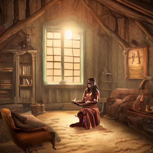 Image similar to a brown female author writing a book with a pen in an eerie cottage in the woods, detailed digital art, trending on artstation, realistic! 8k, anatomically correct