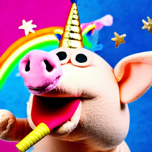 Prompt: studio photograph of a happy pig flying with wings with a unicorn horn depicted as a muppet wearing a gold crown eating pork rind snacks