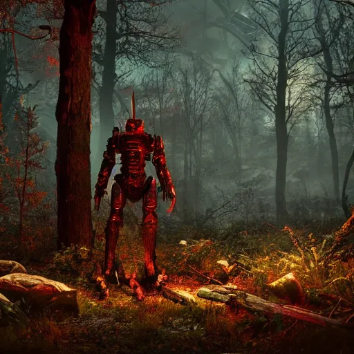 Image similar to Frank Horrigan stands against the background of a radioactive forest, graphics, fallout 4 render, 3d computer render, maximum details, rain, night, spotlight,