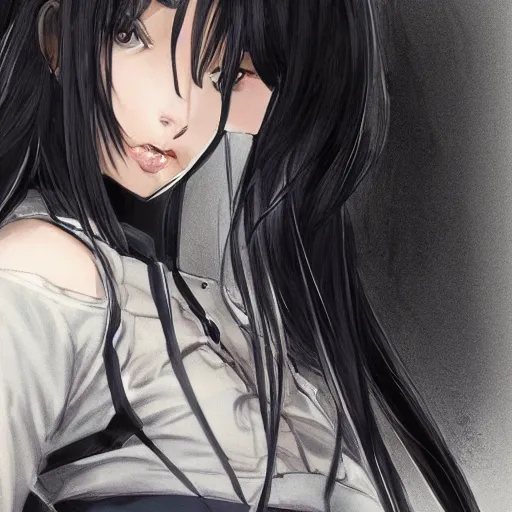 Image similar to portrait of a beautiful girl with long black hair, wearing police riot uniform, drawn by WLOP, by Avetetsuya Studios, attractive character, colored sketch anime manga panel, trending on Artstation